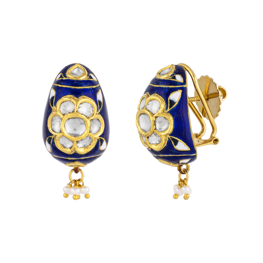 Blue Enamel Hasli Necklace Set with Polki Floral Motifs & Pearls